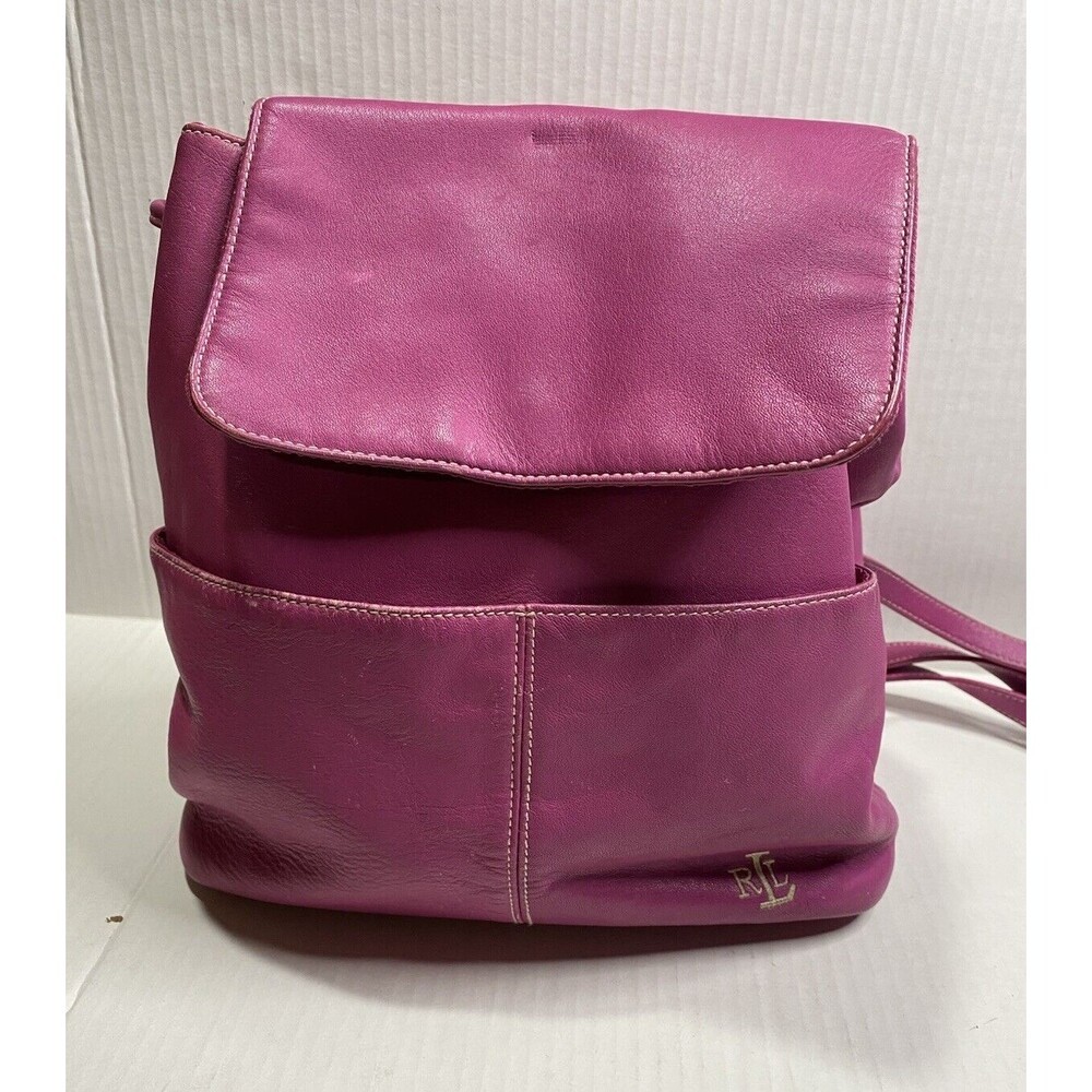 Lauren Ralph Lauren Pink Leather Backpack with Fold-Over Flap